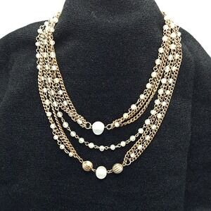Vintage Multi Strand Faux Pearl Necklace Layered Gold Tone Beaded Choker